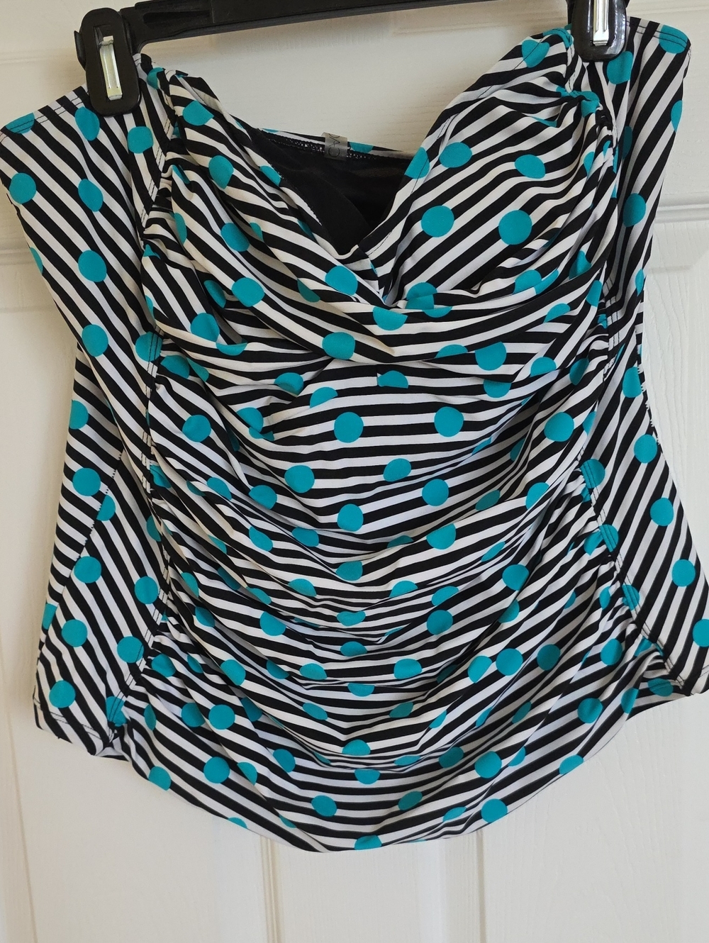 Cactus Black White Striped Swim Tankini Top with Teal Polka Dots